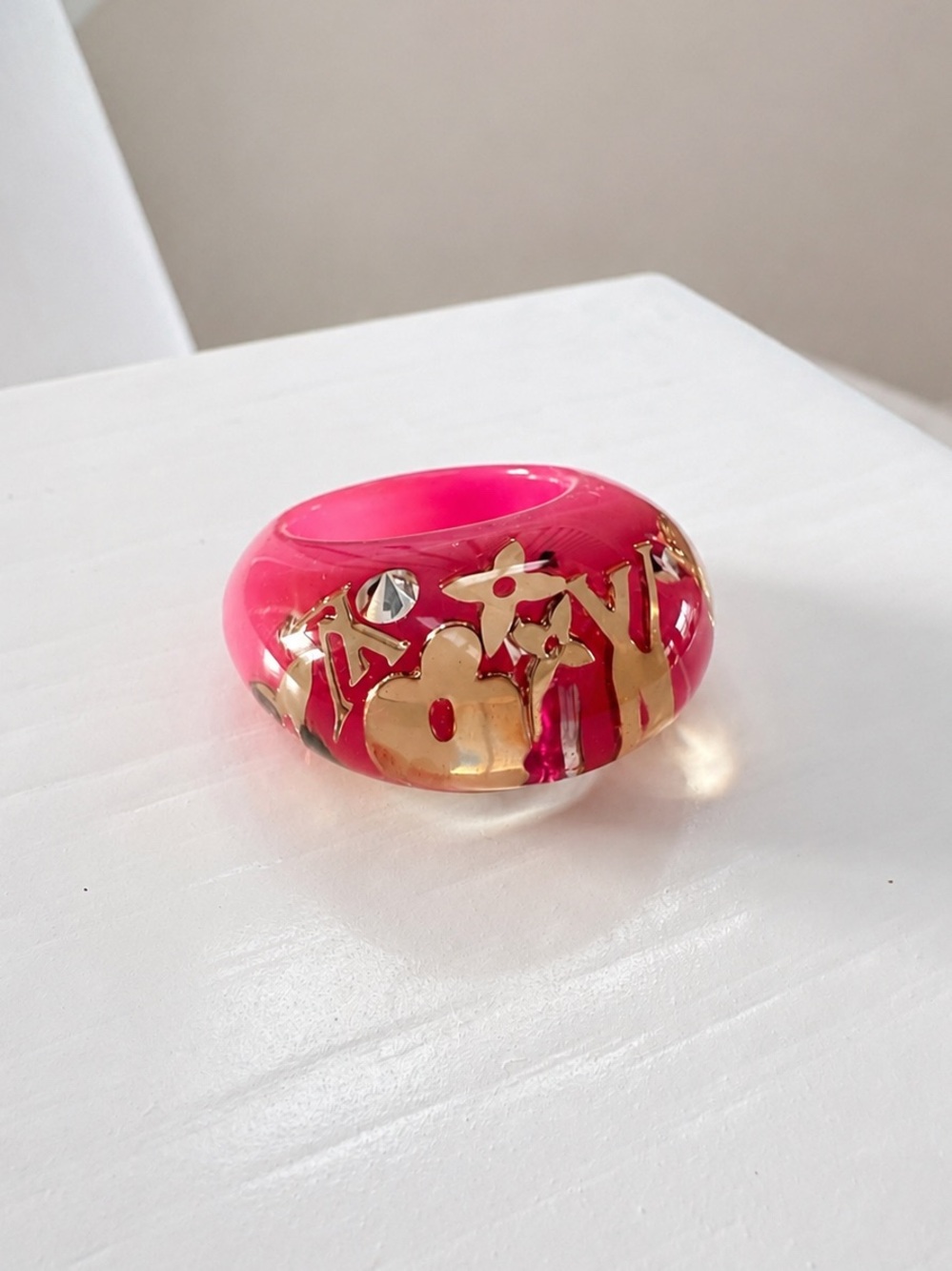 Louis Vuitton Authentic Resin Ring - Translucent Pink/Gold Logo Rare Y2K Vintage